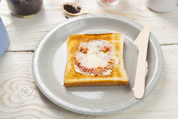 outdoor spring breakfast sweet bread spread on wooden table