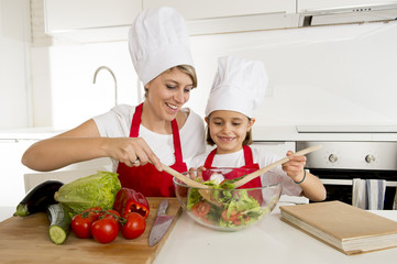 mother and little daughter cooking together with hat apron preparing salad at home kitchen