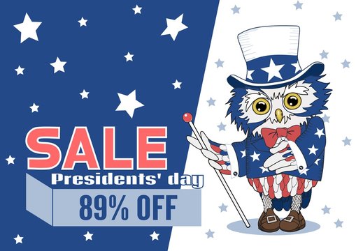 Uncle Sam Owl in a top hat, jacket and a bow-tie, with feathers painted in american flag colors, promoting and inviting to a holiday presidents' day sale, pointing to big SALE text box with percents