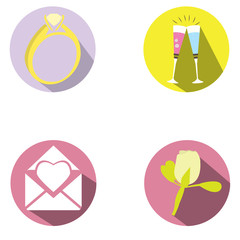 Set of different wedding objects on colored tags, Vector illustration