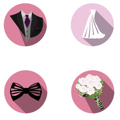 Set of different wedding objects on colored tags, Vector illustration