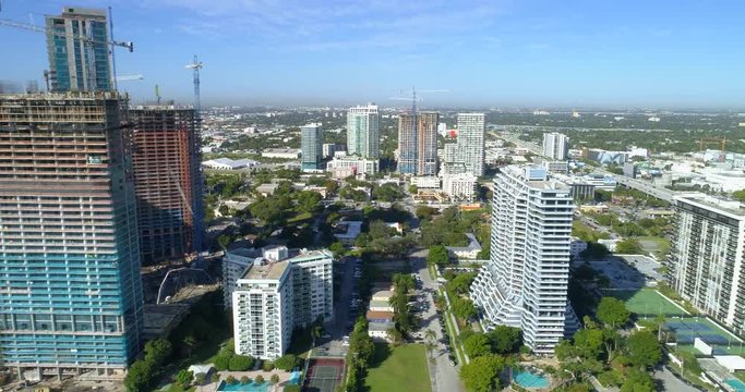 Aerial drone footage of highrise architecture construction sites at Edgewater Miami