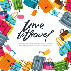 Vector square banner, poster or flyer design template with multicolor luggage, suitcase, bags and calligraphy lettering. Hand drawn frame. Trendy concept for summer travel and tourism background