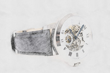 Mechanical Watch Concept Sketch With Visible Mechanism