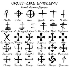 Hand drawn cross like emblems, written grunge crosses with their names on white background. Vector illustration
