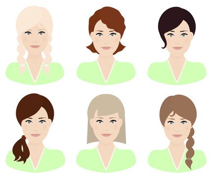 Woman with different hair color and  hairstyles vector illustration