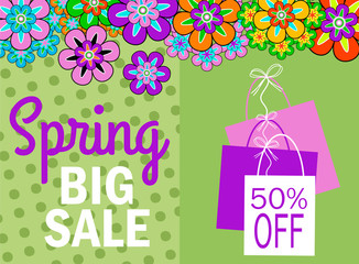 Advertisement about the spring sale 50% off on colorful background 