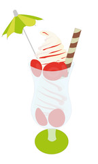 Erdbeereisbecher Illustration mit Früchten, Sahne, Eis und Schirm