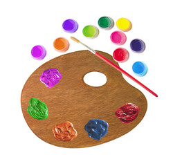 wooden palette with color paints and brush isolated on white bac