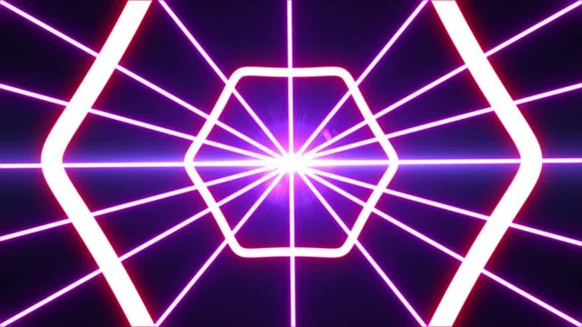Laser abstracts futuristic Background for your text or logo, Neon lights vintage Hexa tunnel loop. A Science Fiction background. Fashion, dance, music. disco and clubs background.