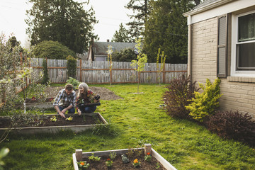 Smiling couple planting in raised bed at backyard