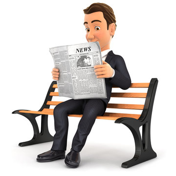 3d businessman reading newspaper on public bench