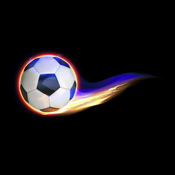Flying burning football ball on transparent background.