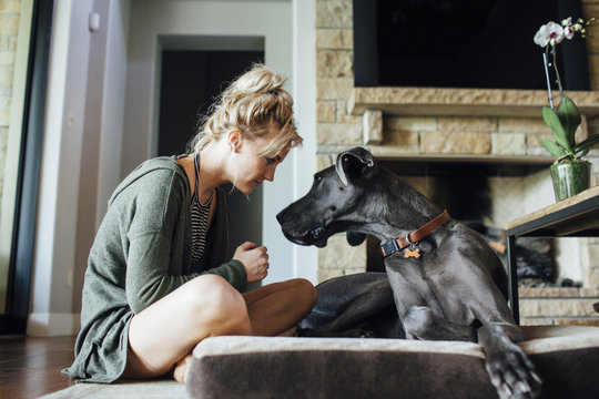 Woman looking at Great Dane while sitting at home