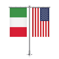 Italy and United States vector banner flags, hanging side by side on a silver metallic poles. Italy and USA friendship concept.