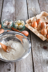 Cooking ingredients for baking, eggs and flour