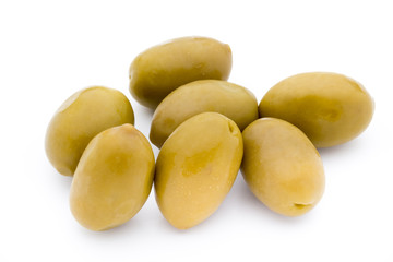 Green big olives on the white background.