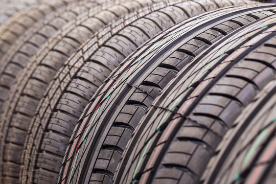 Car tires in a row. Selective focus.