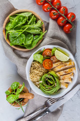 Fresh healthy salad in bowl and ingredients