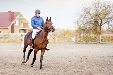 Young sportsman riding horse on equestrian training.