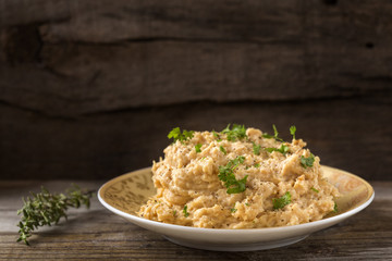 Cream made from mashed chicken breast with herbs and ground blac