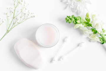 natural organic cosmetics for baby on white background top view