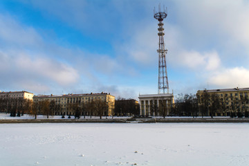 TV tower in Minsk, Minsk, Republic of Belarus, the winter January morning,