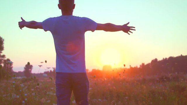 Healthy man walking alone through the golden field. Young man enjoying nature outdoors. Freedom. Solitude with nature. Slow motion 240 fps. 1080p Full HD footage