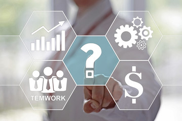 Business, finance, technology and internet concept - businessman, businesswoman pressing question button on virtual screens. Query on the touch screen. Solving problems, finding solutions in business.