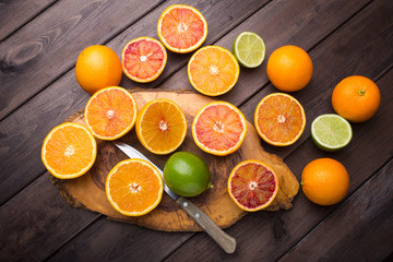 Slices of orange and citrus. Top view