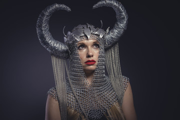 Cosplay, Viking goddess, beautiful young blond woman with horned