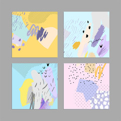 Set of artistic creative universal cards. Hand Drawn textures. Trendy graphic design