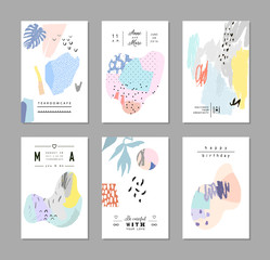 Set of artistic creative universal cards. Hand Drawn textures. Trendy graphic design