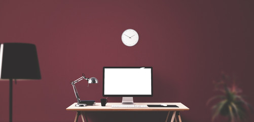 Computer display and office tools on desk. Desktop computer screen isolated. Modern creative workspace background