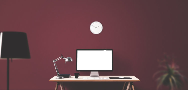 Computer display and office tools on desk. Desktop computer screen isolated. Modern creative workspace background
