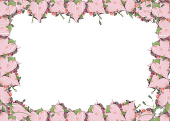 Delicate frame with an ornament of pink hearts and green leaves on the perimeter of the card
