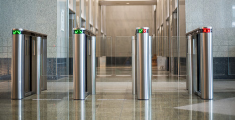 Technology security gateway, selective focus on entrance machine. show identify before passing.