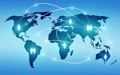 World map with global technology or social connection network with nodes and links illustration