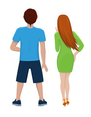 Boy and girl from the back. Rear view of young couple. Backside view of person. Isolated vector illustration of cartoon characters looking ahead on white background.