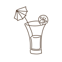 monochrome contour with cocktail drink with lemon slice and decorative umbrella vector illustration