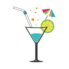 colorful silhouette with cocktail drink with lemon slice and straw and decorative umbrella vector illustration