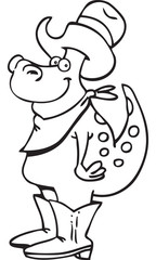 Black and white illustration of a dinosaur wearing a cowboy hat.