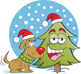 Cartoon illustration of a dog sitting next to a pine tree.