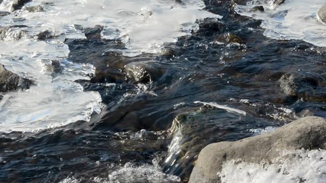 Spring melting of snow and ice. River rapids with rocks and icy patches