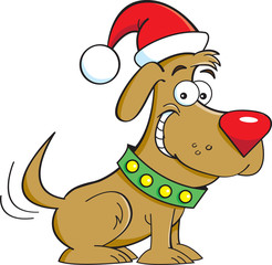 Cartoon illustration of a dog wearing a Santa hat.