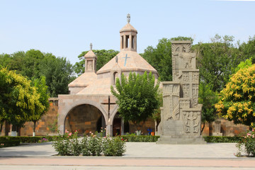 Fototapeta na wymiar Chapel and Hackkar cross monyment in holy Etchmiadzin church place near Yerevan, the capital of Armenia