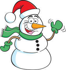 Cartoon illustration of a snowman wearing a Santa hat and waving.
