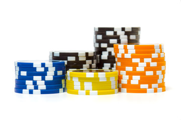 Stacks of poker chips isolated on white background
