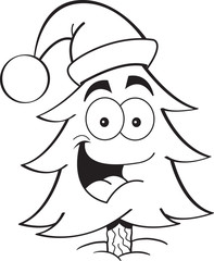 Black and white illustration of a pine tree wearing a Santa hat.
