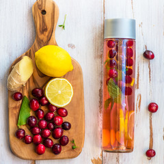 Detox Infused Water with Lemon, Cranberries, Ginger and Mint
